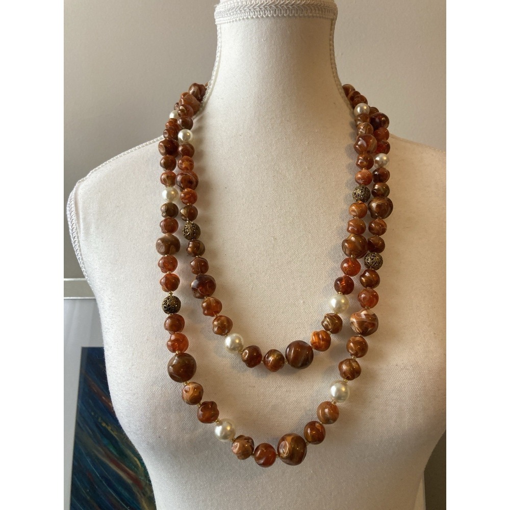 Vintage Double Strand Necklace In Earthy Brown Nugget Bead Faux Pearl Gold Tone